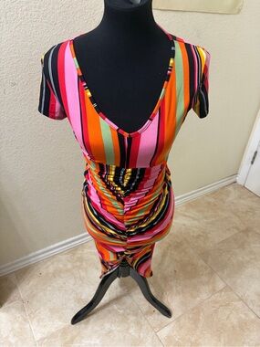 V-Neck Ruched Striped Midi Dress - Pink, Orange & Black